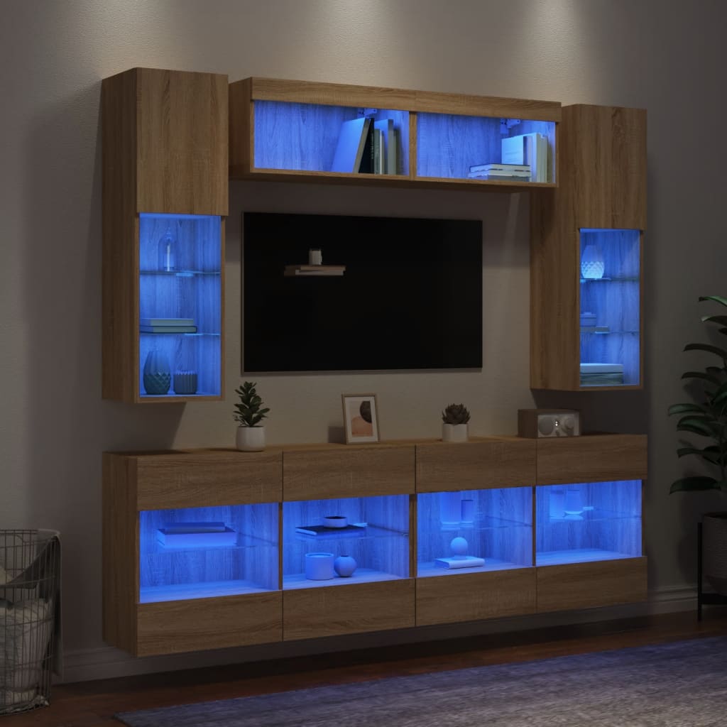 vidaXL 6 Piece TV Wall Cabinet Set with LED Lights Sonoma Oak