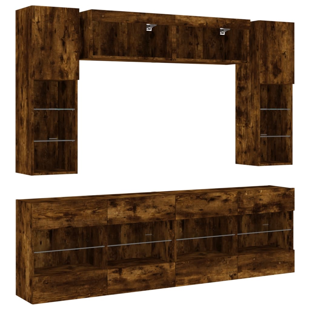 vidaXL 6 Piece TV Wall Cabinet Set with LED Lights Smoked Oak