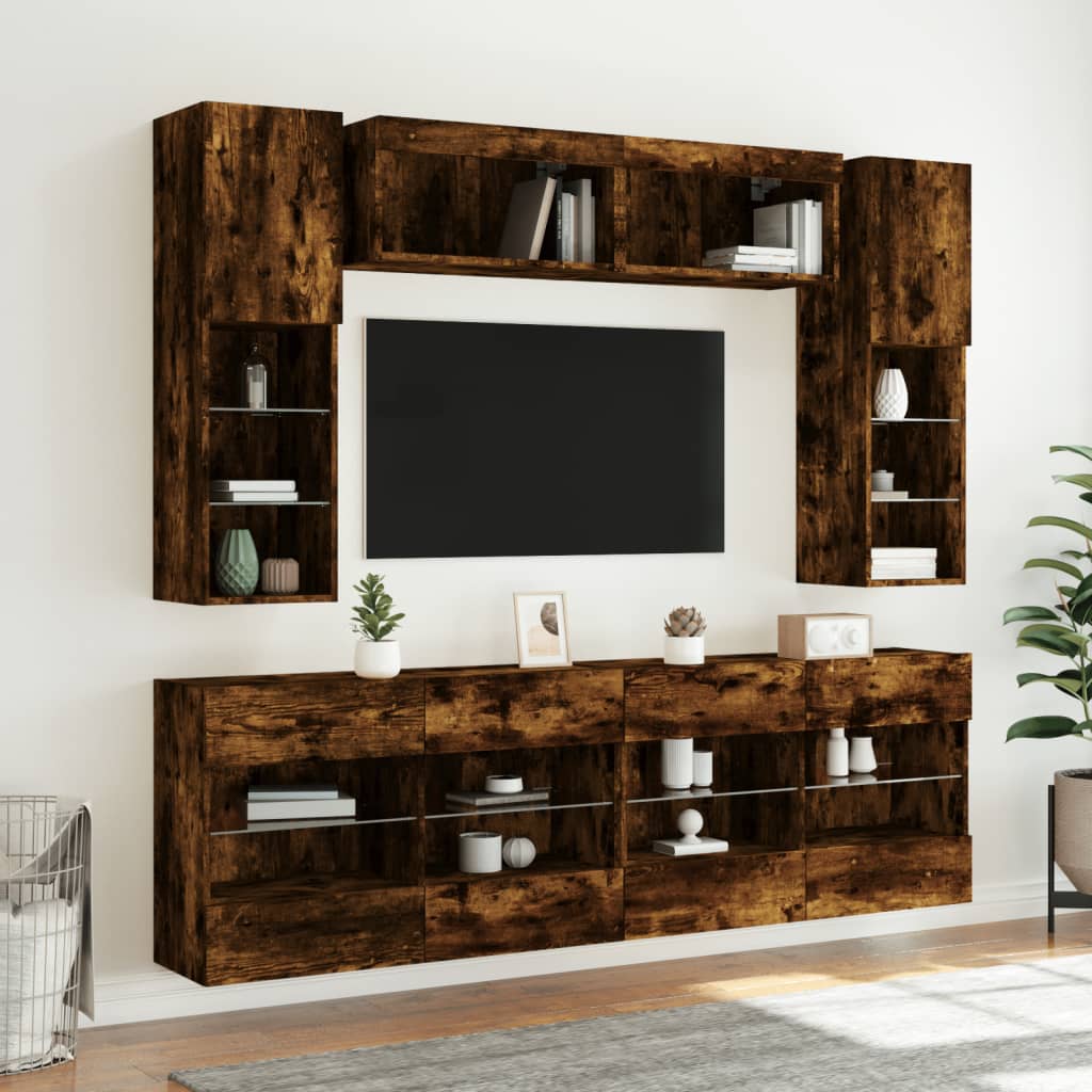 vidaXL 6 Piece TV Wall Cabinet Set with LED Lights Smoked Oak