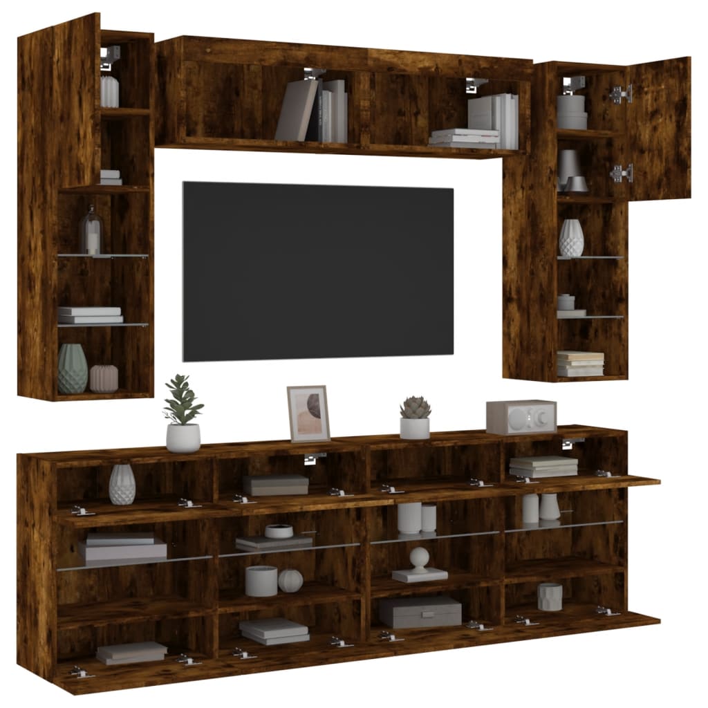 vidaXL 6 Piece TV Wall Cabinet Set with LED Lights Smoked Oak