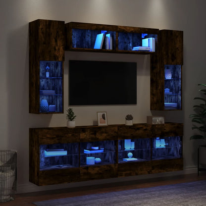 vidaXL 6 Piece TV Wall Cabinet Set with LED Lights Smoked Oak