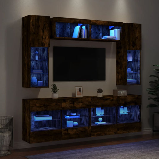 vidaXL 6 Piece TV Wall Cabinet Set with LED Lights Smoked Oak