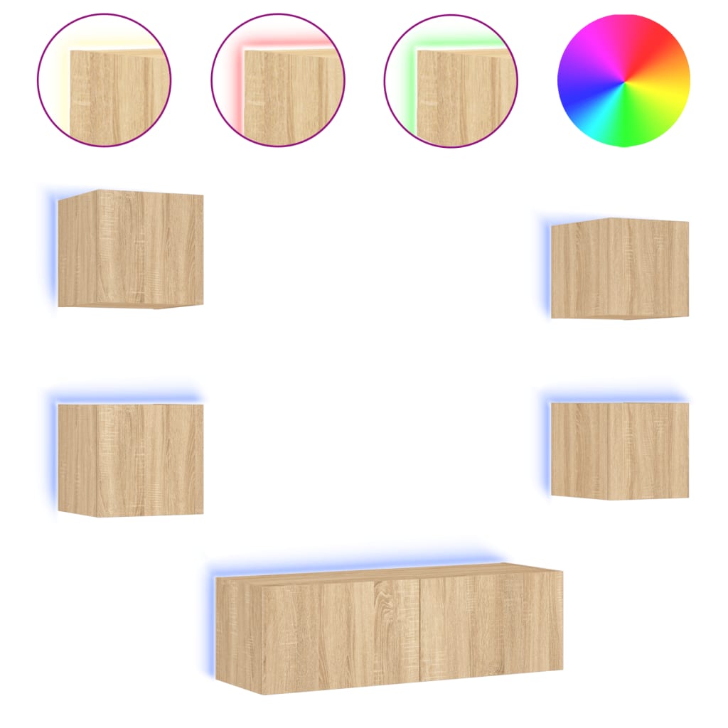vidaXL 5 Piece TV Wall Cabinets with LED Lights Sonoma Oak