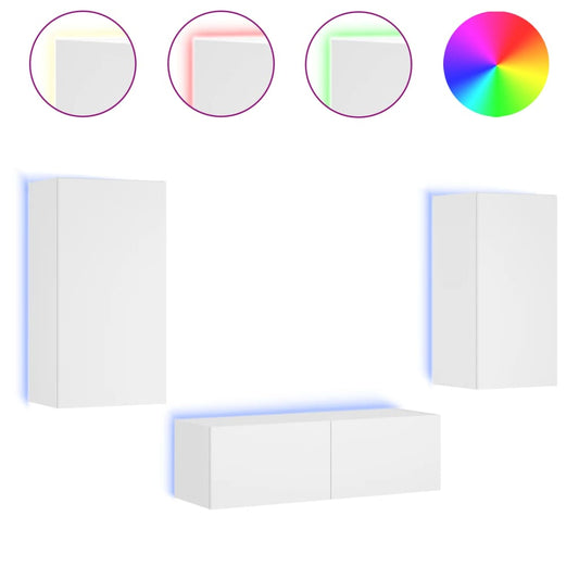 vidaXL 3 Piece TV Wall Cabinets with LED Lights White