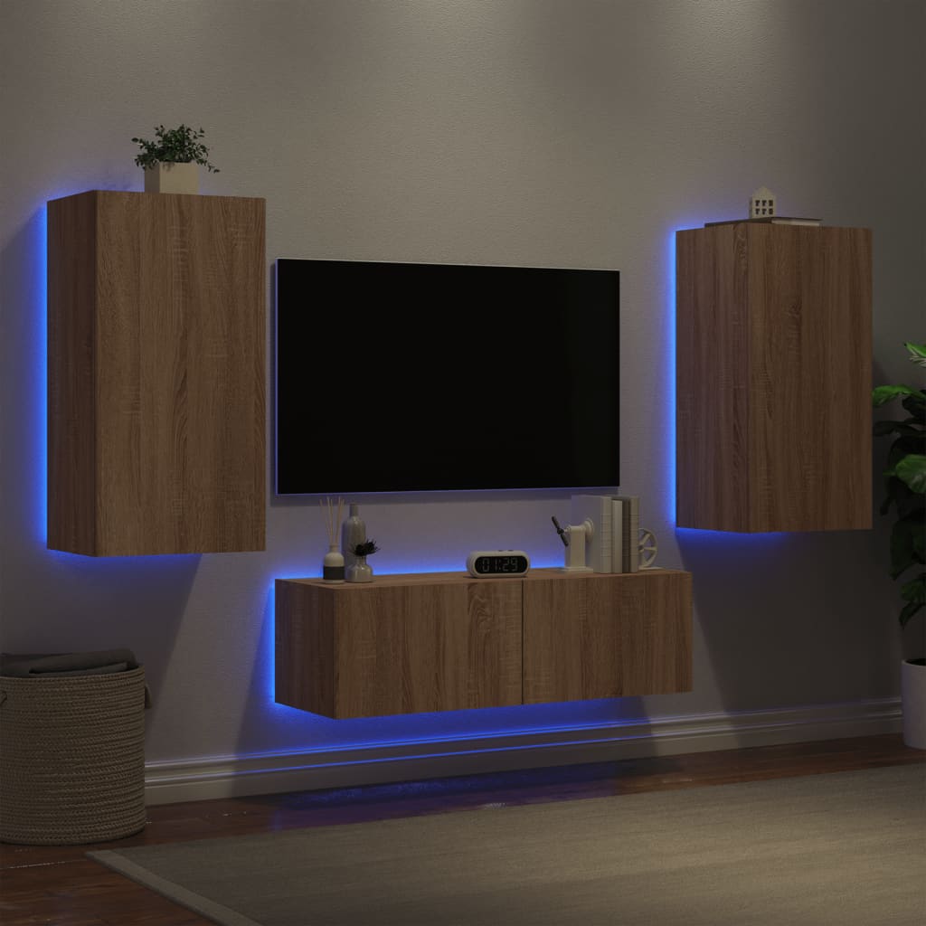 vidaXL 3 Piece TV Wall Cabinets with LED Lights Sonoma Oak