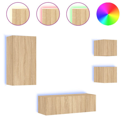 vidaXL 4 Piece TV Wall Cabinets with LED Lights Sonoma Oak