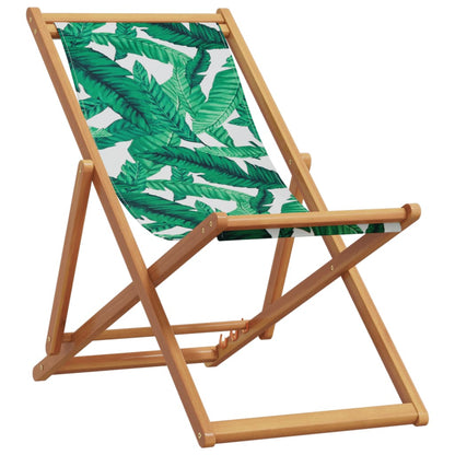 vidaXL Folding Beach Chair Leaf Pattern Solid Wood Eucalyptus and Fabric
