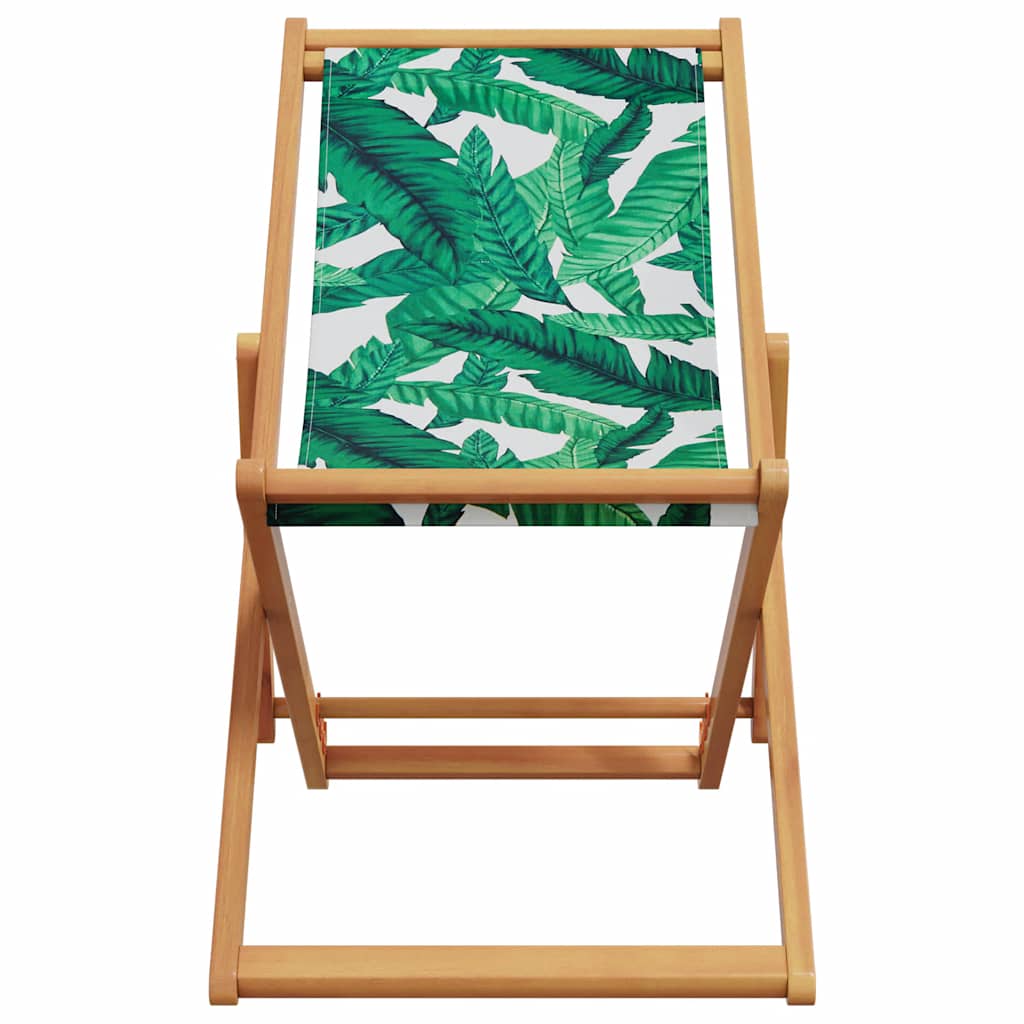 vidaXL Folding Beach Chair Leaf Pattern Solid Wood Eucalyptus and Fabric