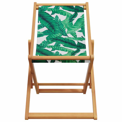 vidaXL Folding Beach Chair Leaf Pattern Solid Wood Eucalyptus and Fabric