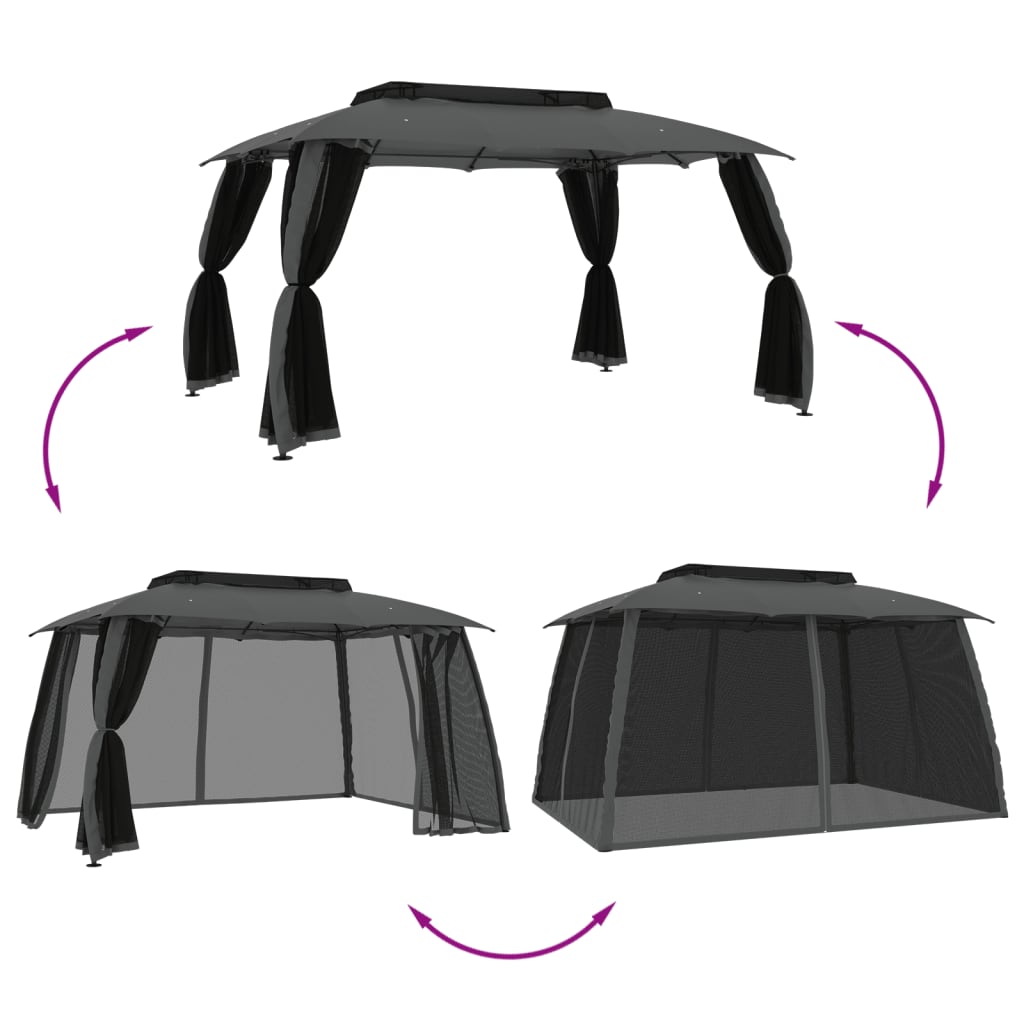 vidaXL Gazebo with Double Roof&Mesh Walls Anthracite 3.93x2.93 m Steel