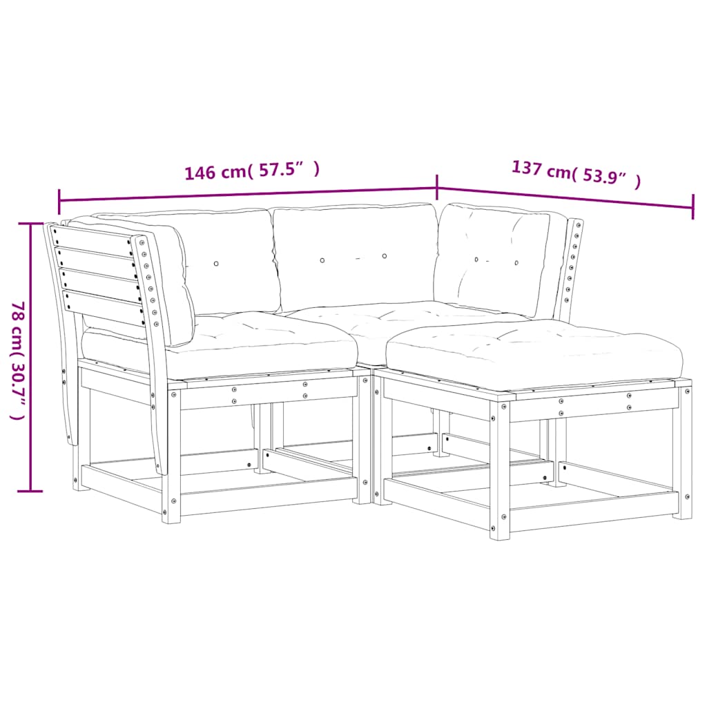 vidaXL 3 Piece Garden Sofa Set with Cushions Solid Wood Pine