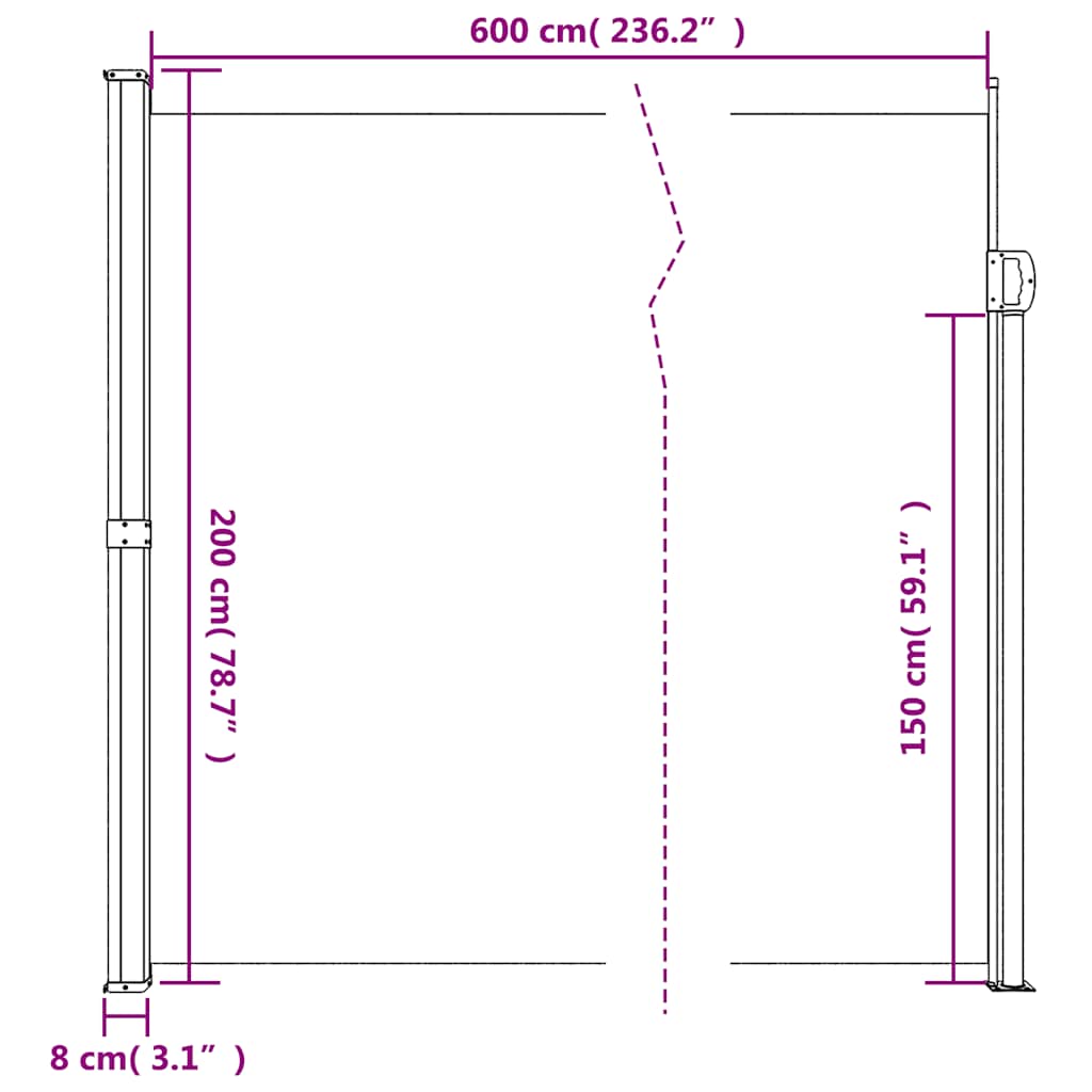 vidaXL Retractable Side Awning White 200x600 cm