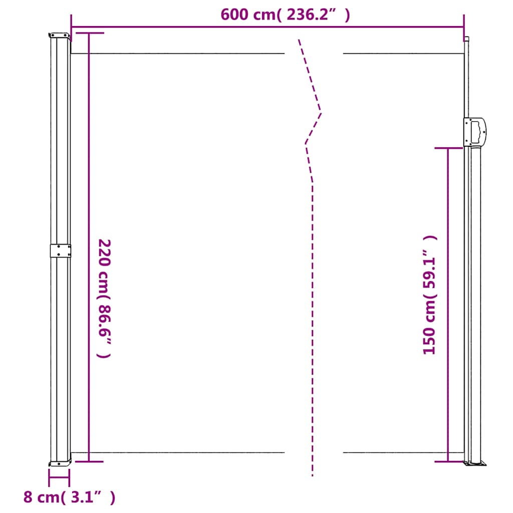 vidaXL Retractable Side Awning Cream 220x600 cm