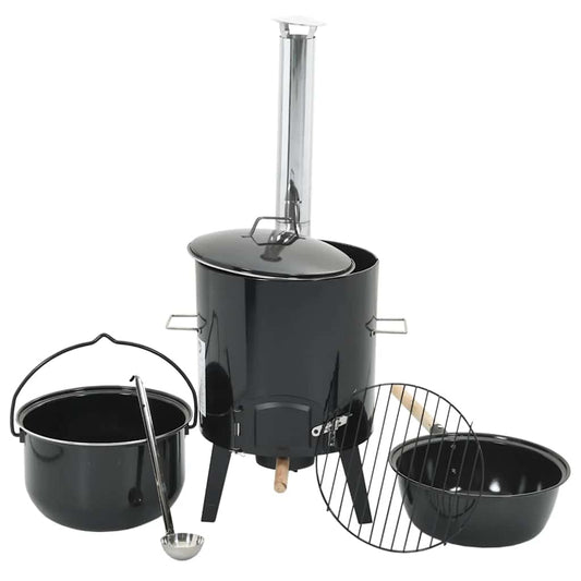 vidaXL Goulash Cannon with Chimney and Lid Black Enamelled Steel
