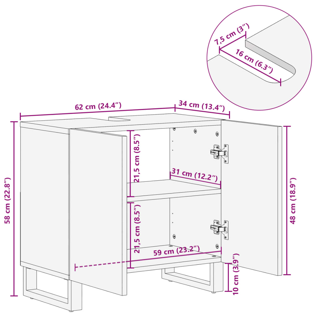 vidaXL Bathroom Sink Cabinet 62x34x58 cm Solid Wood Rough Mango