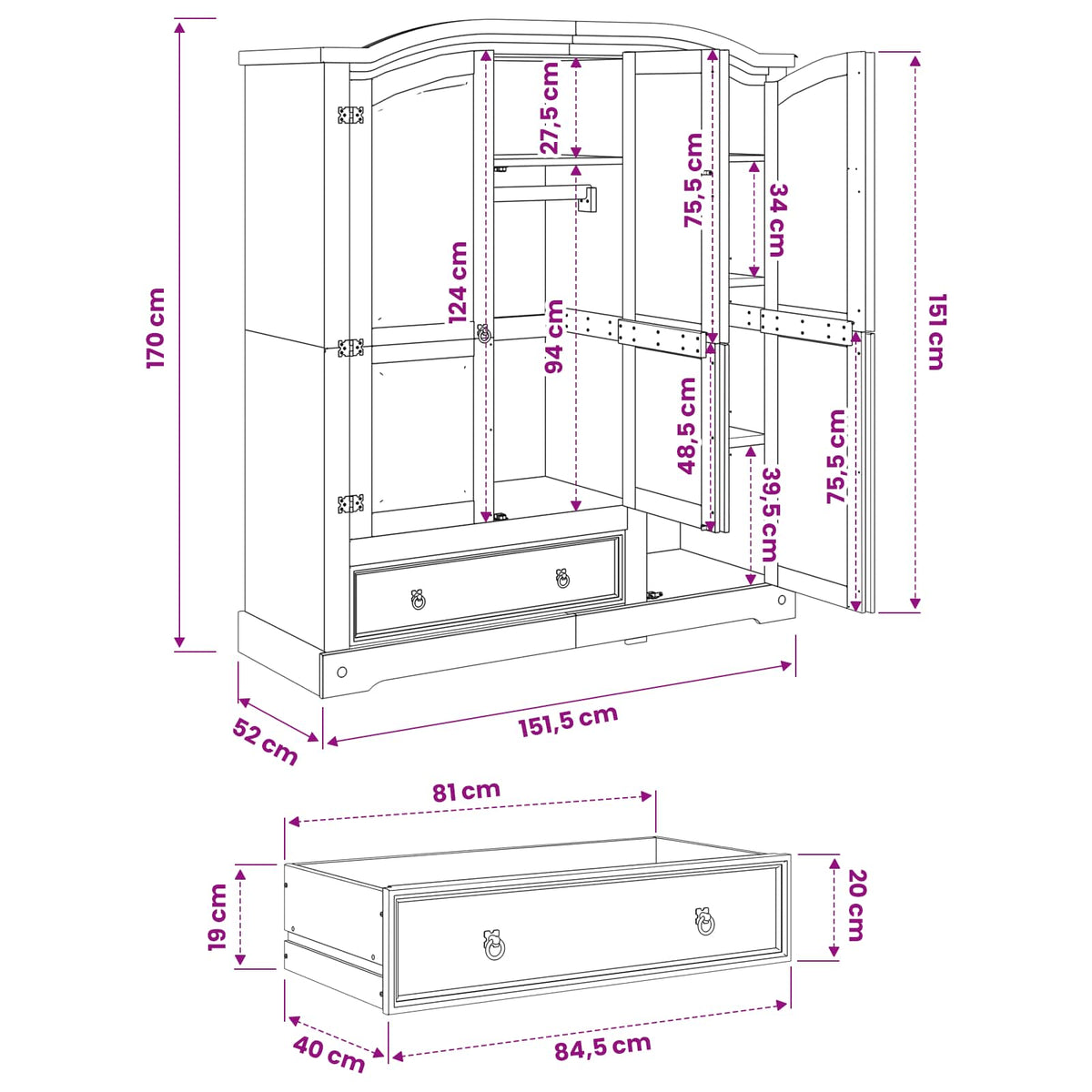 vidaXL Wardrobe "Corona" 151,5x52x170 cm Solid Wood Pine