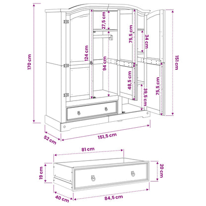vidaXL Wardrobe "Corona" 151,5x52x170 cm Solid Wood Pine