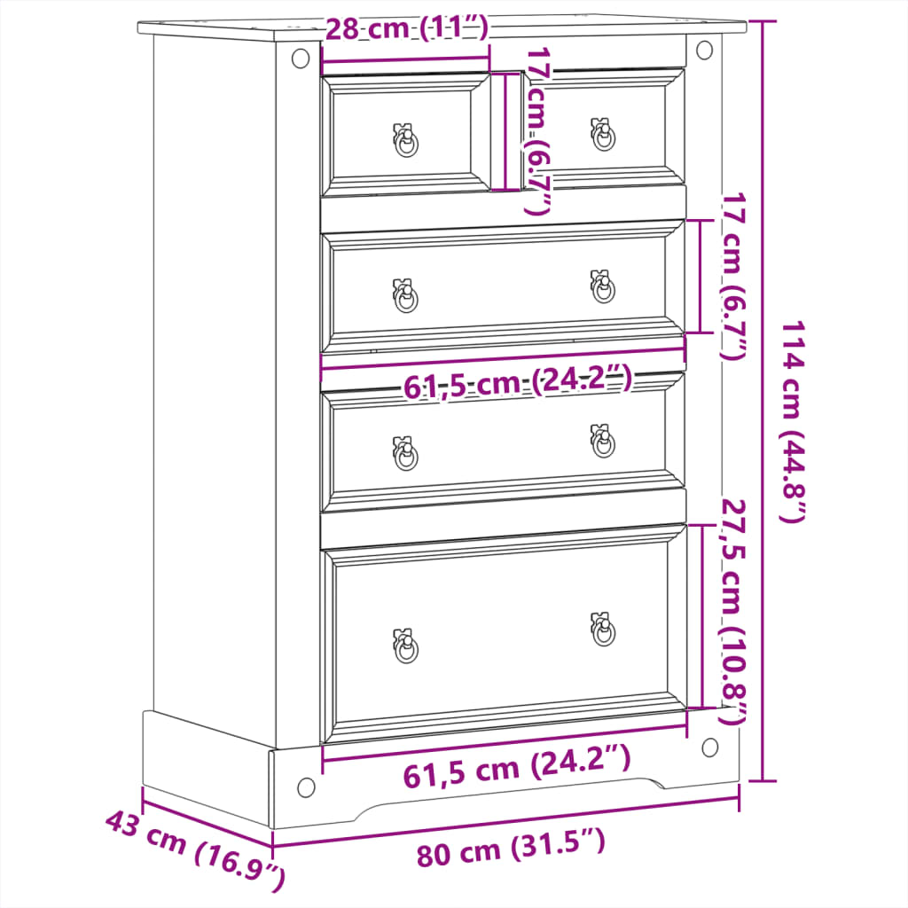 vidaXL Chest of Drawers Corona 80x43x114 cm Solid Wood Pine