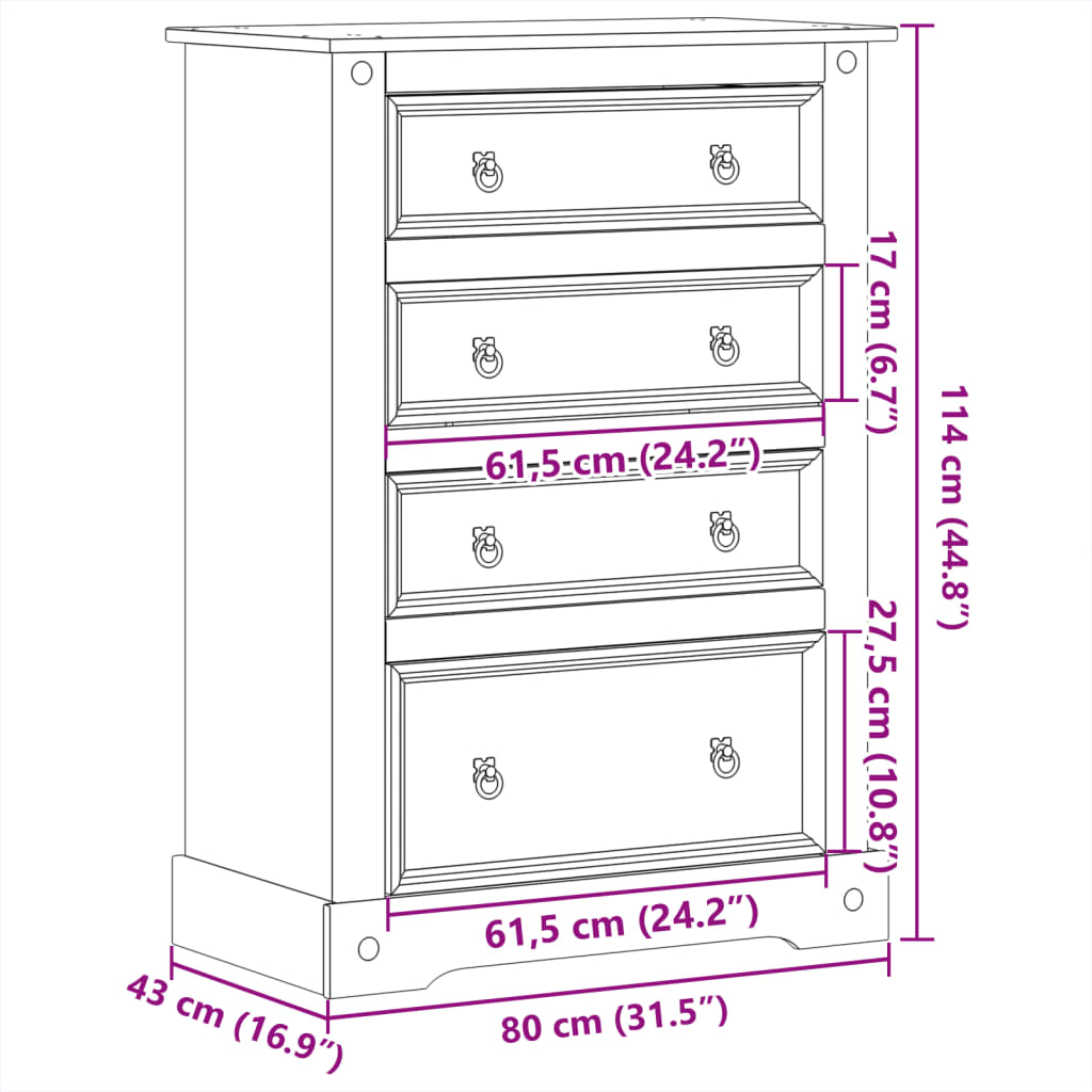 vidaXL Chest of Drawers Corona 80x43x114 cm Solid Wood Pine