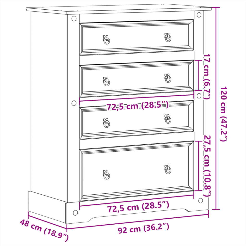 vidaXL Chest of Drawers Corona 92x48x114 cm Solid Wood Pine