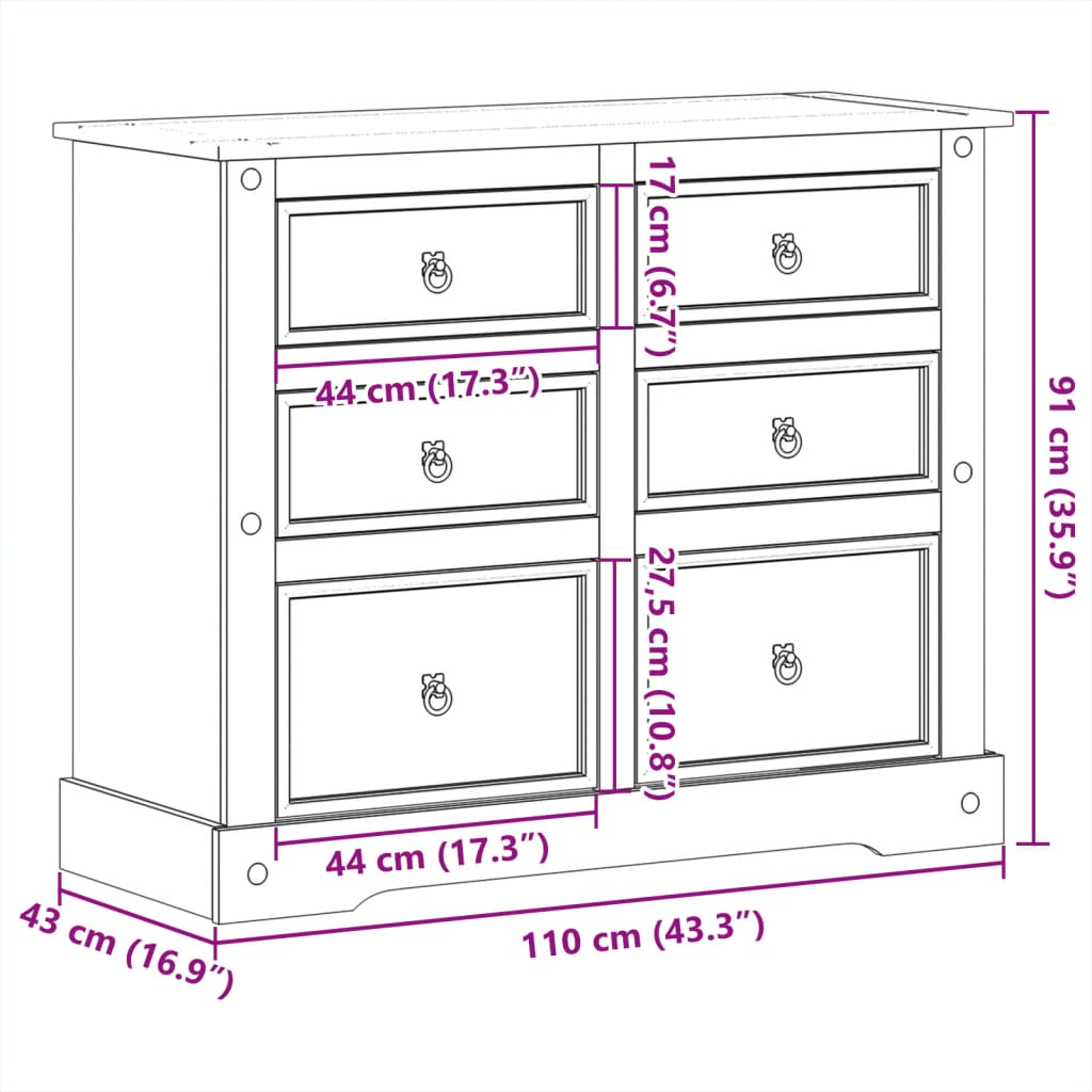 vidaXL Chest of Drawers "Corona" 110x43x91 cm Solid Wood Pine