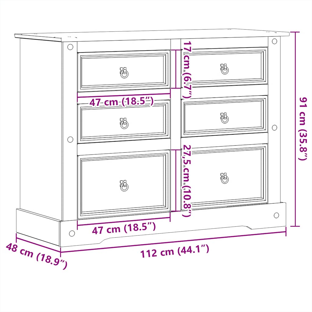 vidaXL Chest of Drawers "Corona" 112x48x91 cm Solid Wood Pine
