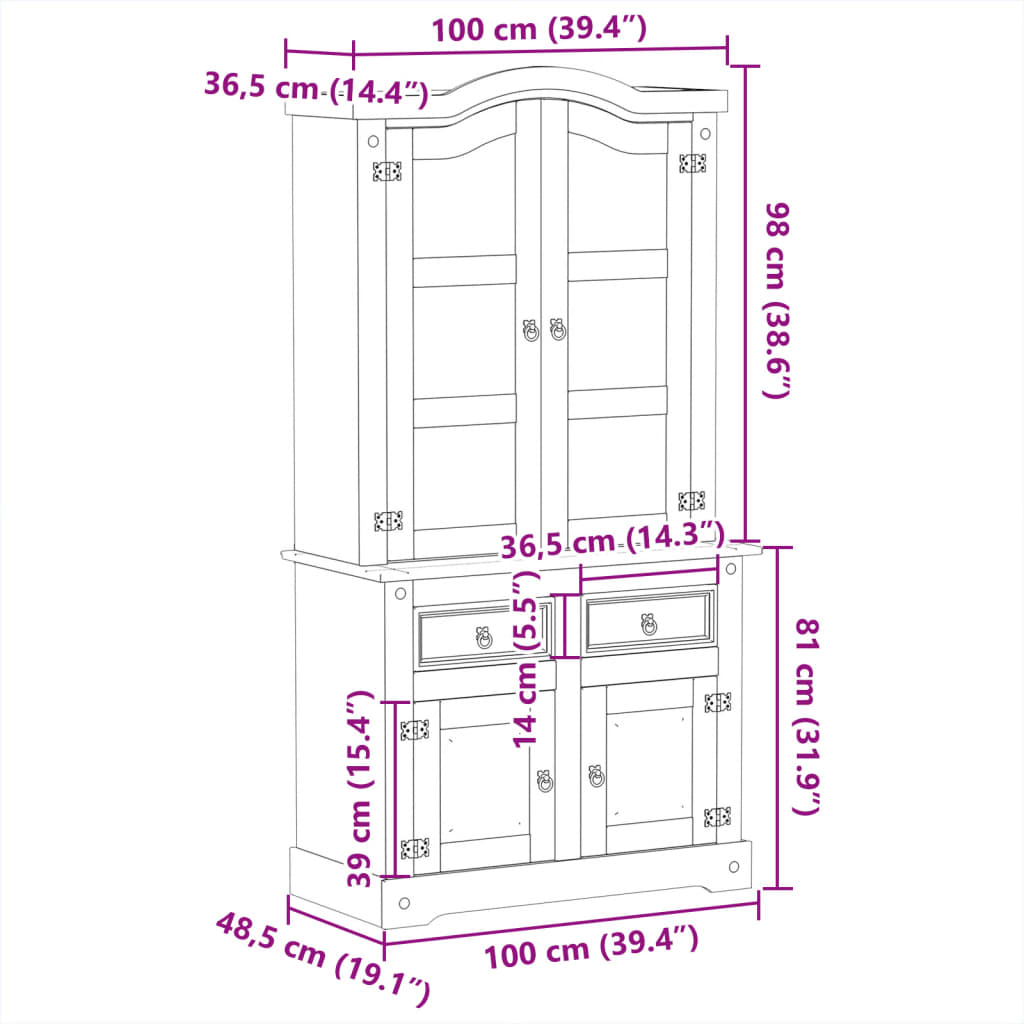 vidaXL Glass Display Cabinet "Corona" 100x48,5x179 cm Solid Wood Pine