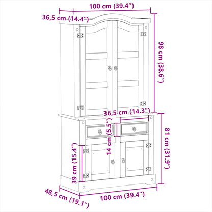 vidaXL Glass Display Cabinet "Corona" 100x48,5x179 cm Solid Wood Pine