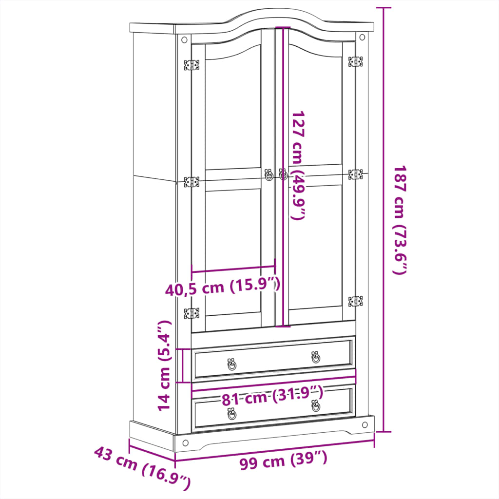 vidaXL Glass Display Cabinet "Corona" 99x43x187 cm Solid Wood Pine