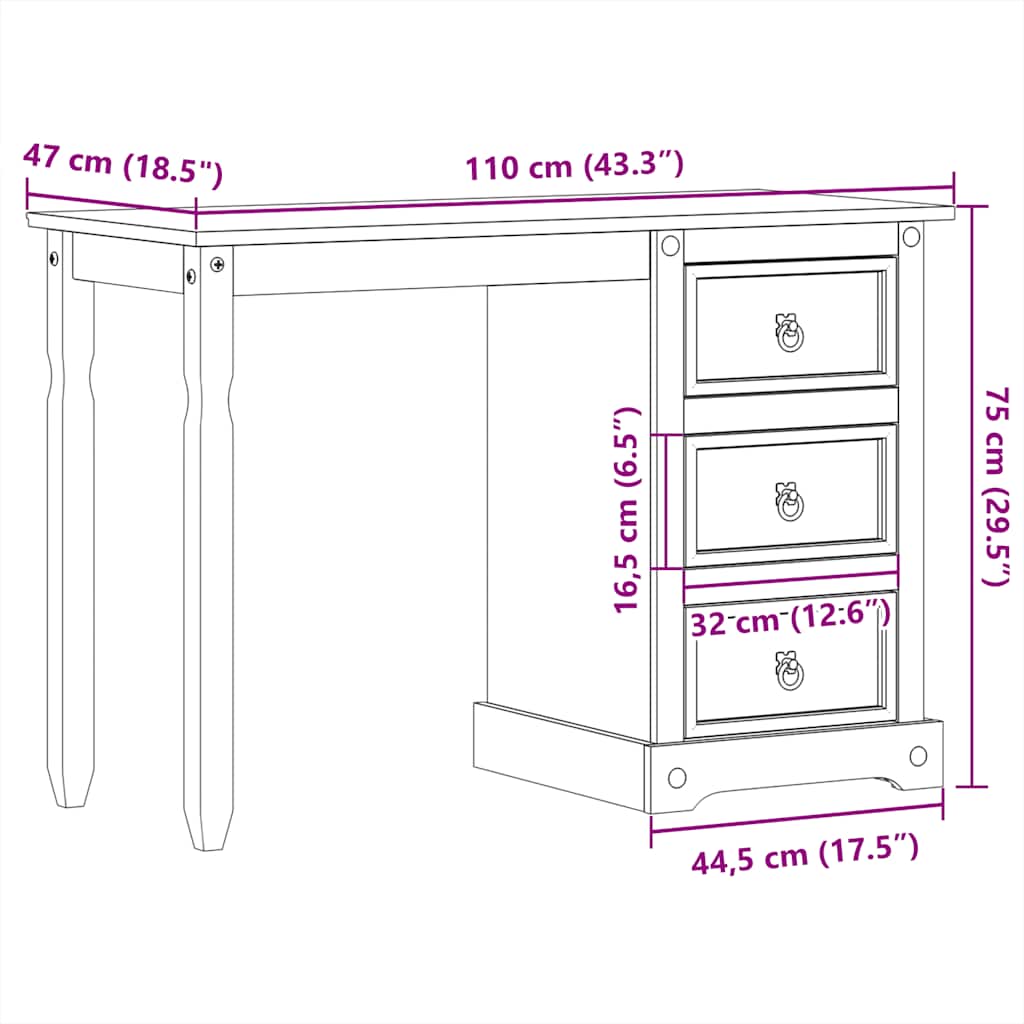 vidaXL Dressing Table Corona 110x47x75 cm Solid Wood Pine