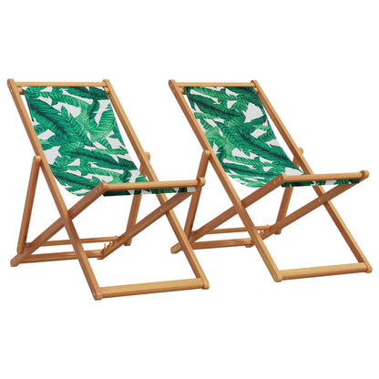 vidaXL Folding Beach Chairs 2 pcs Leaf Pattern Fabric and Solid Wood
