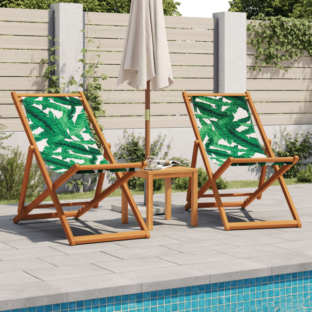 vidaXL Folding Beach Chairs 2 pcs Leaf Pattern Fabric and Solid Wood