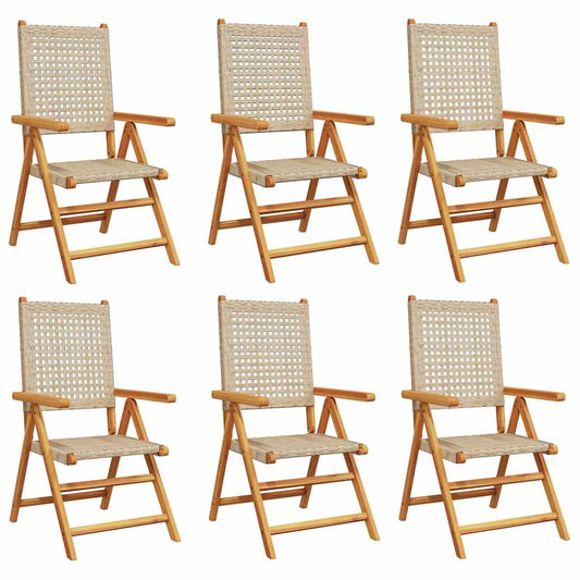 vidaXL Reclining Folding Chairs 6 pcs Beige Poly Rattan and Solid Wood