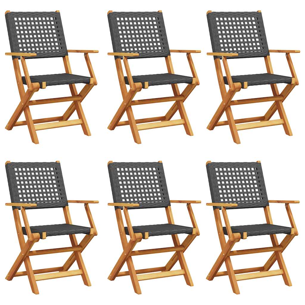 vidaXL Folding Garden Chairs 6 pcs Black Poly Rattan and Solid Wood