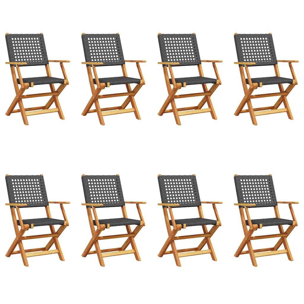 vidaXL Folding Garden Chairs 8 pcs Black Poly Rattan and Solid Wood