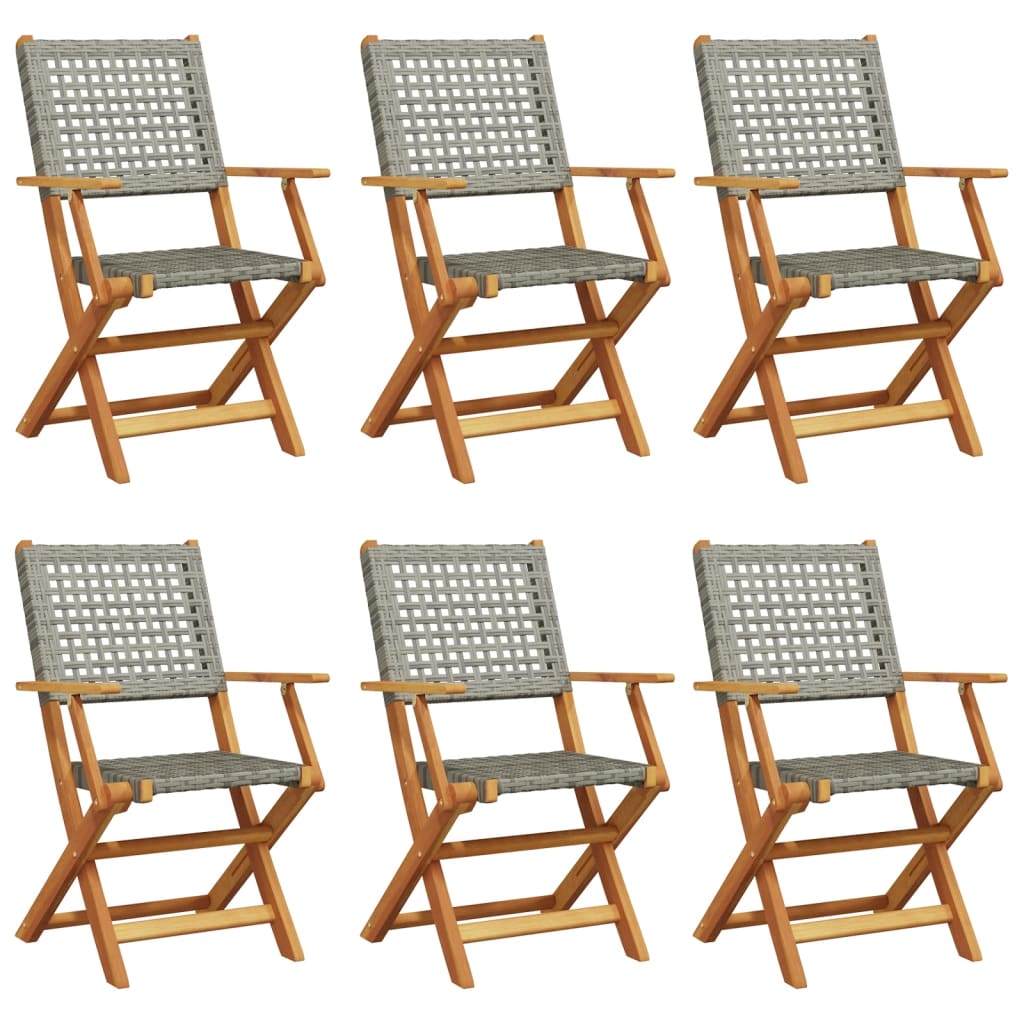 vidaXL Folding Garden Chairs 6 pcs Grey Poly Rattan and Solid Wood