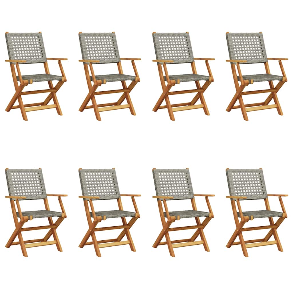 vidaXL Folding Garden Chairs 8 pcs Grey Poly Rattan and Solid Wood