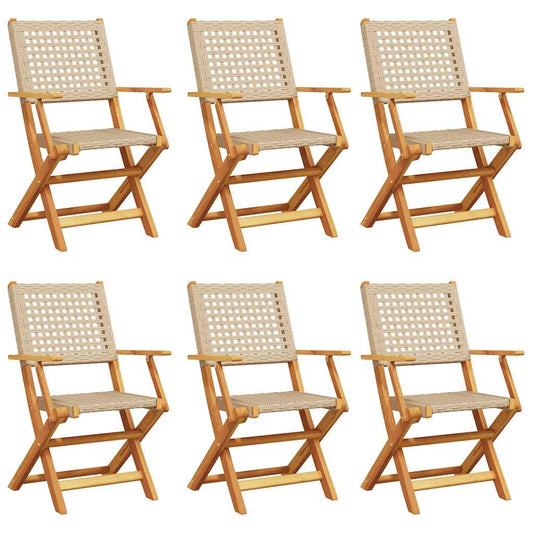 vidaXL Folding Chairs 6 pcs Beige Poly Rattan and Solid Wood