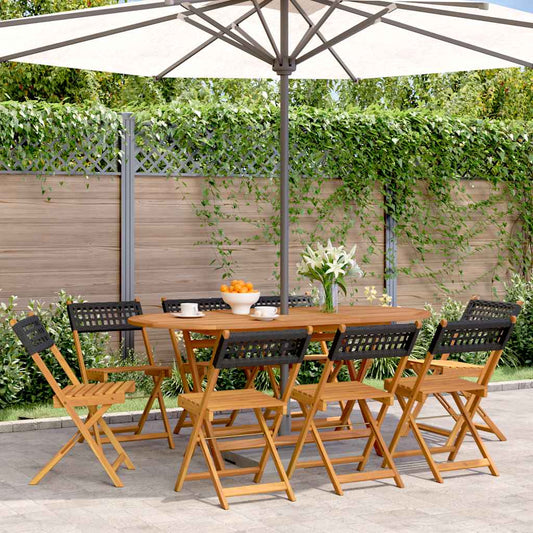 vidaXL Folding Chairs 8 pcs Black Poly Rattan and Solid Wood