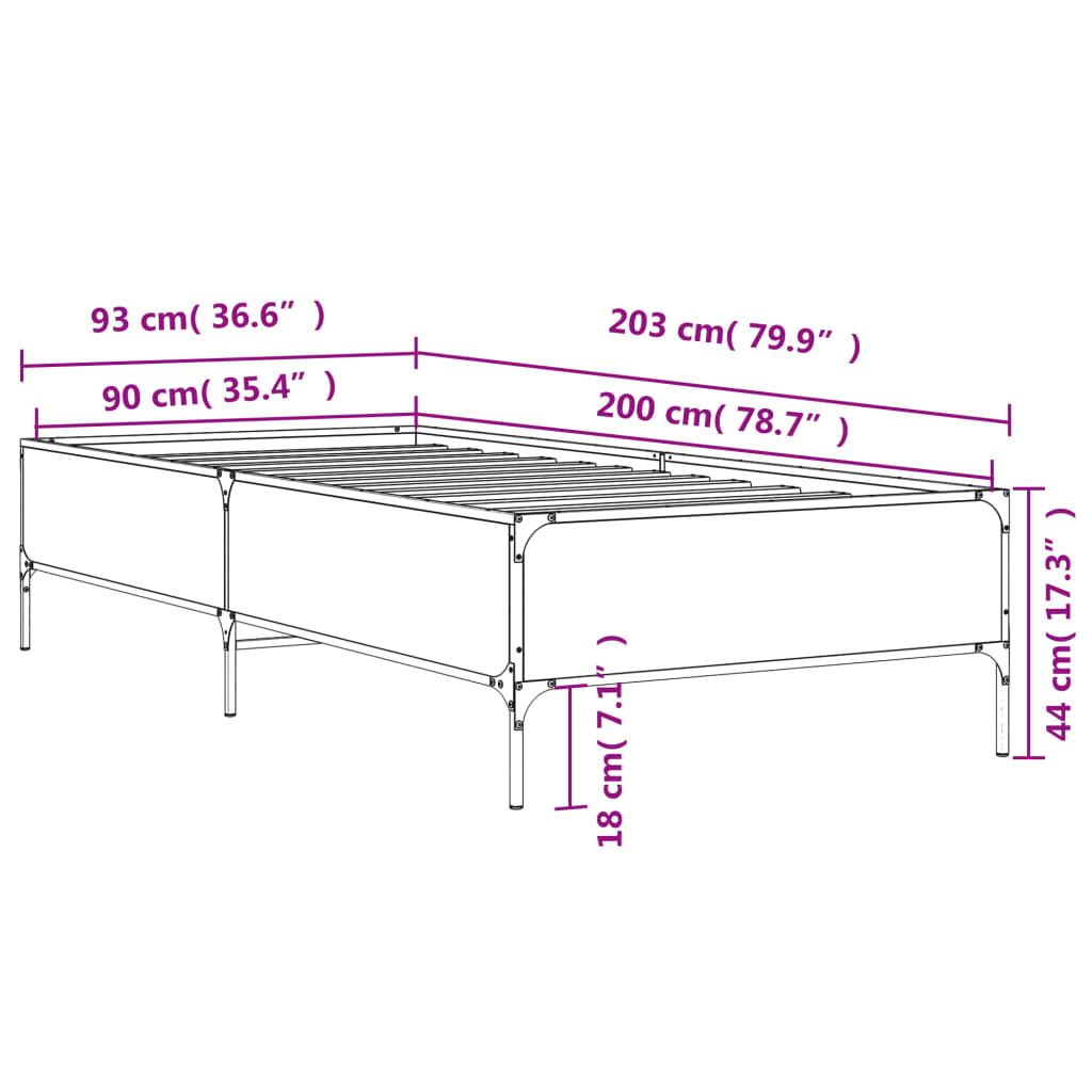 vidaXL Bed Frame without Mattress Grey Sonoma 90x200 cm