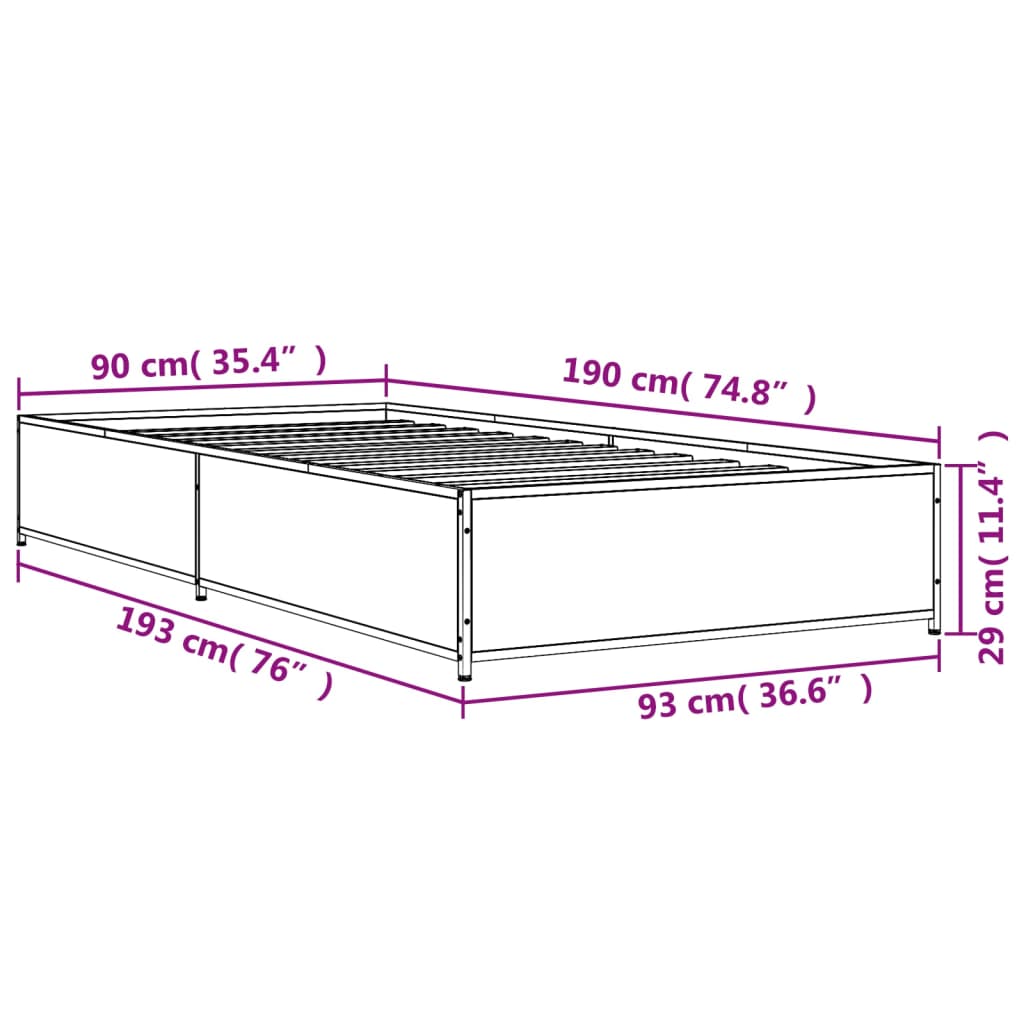 vidaXL Bed Frame without Mattress Grey Sonoma 90x190 cm Single