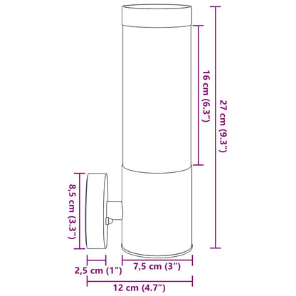 vidaXL Outdoor Wall Light Silver 12 x 7.5 x 27 cm Stainless steel