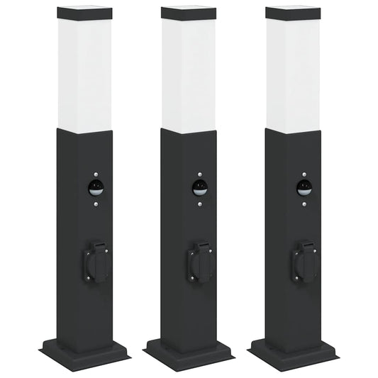 vidaXL Bollard Lights with Sensor&Outlet 3 pcs 50 cm Black IP44