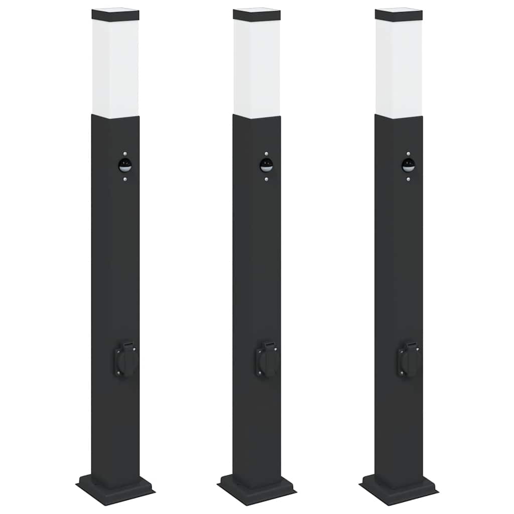 vidaXL Bollard Lights with Sensor&Outlet 3 pcs 80 cm Black IP44