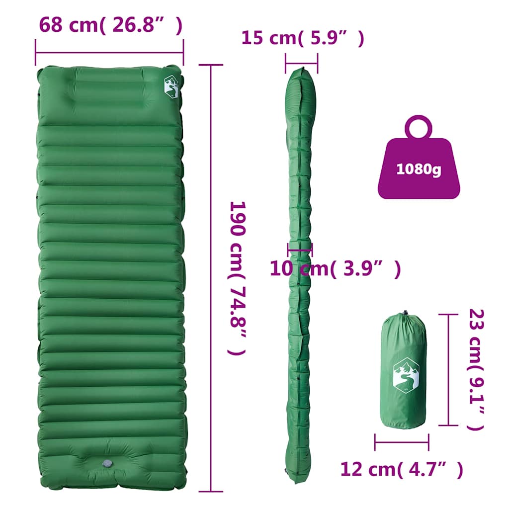 vidaXL Self Inflating Camping Mattress with Pillow 1-Person Green
