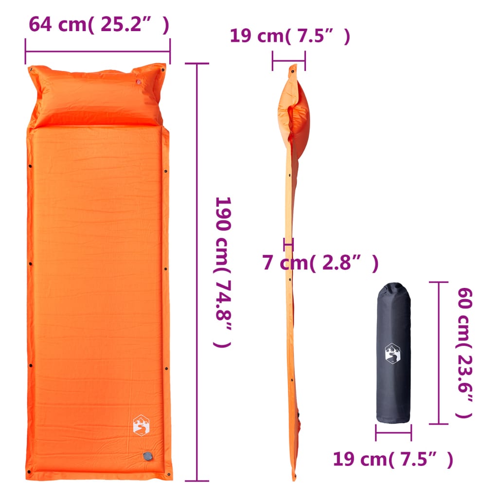 vidaXL Self Inflating Camping Mattress with Pillow 1-Person Orange