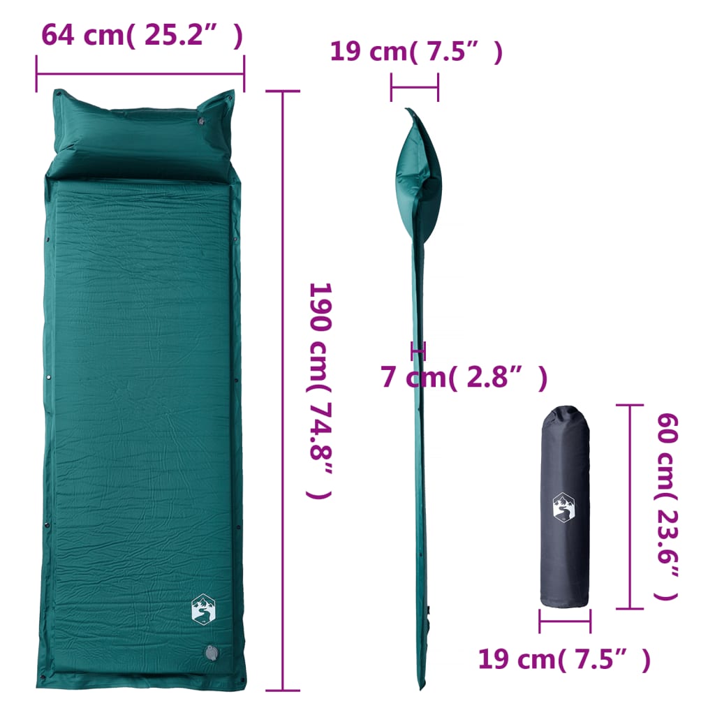 vidaXL Self Inflating Camping Mattress with Pillow 1-Person Green