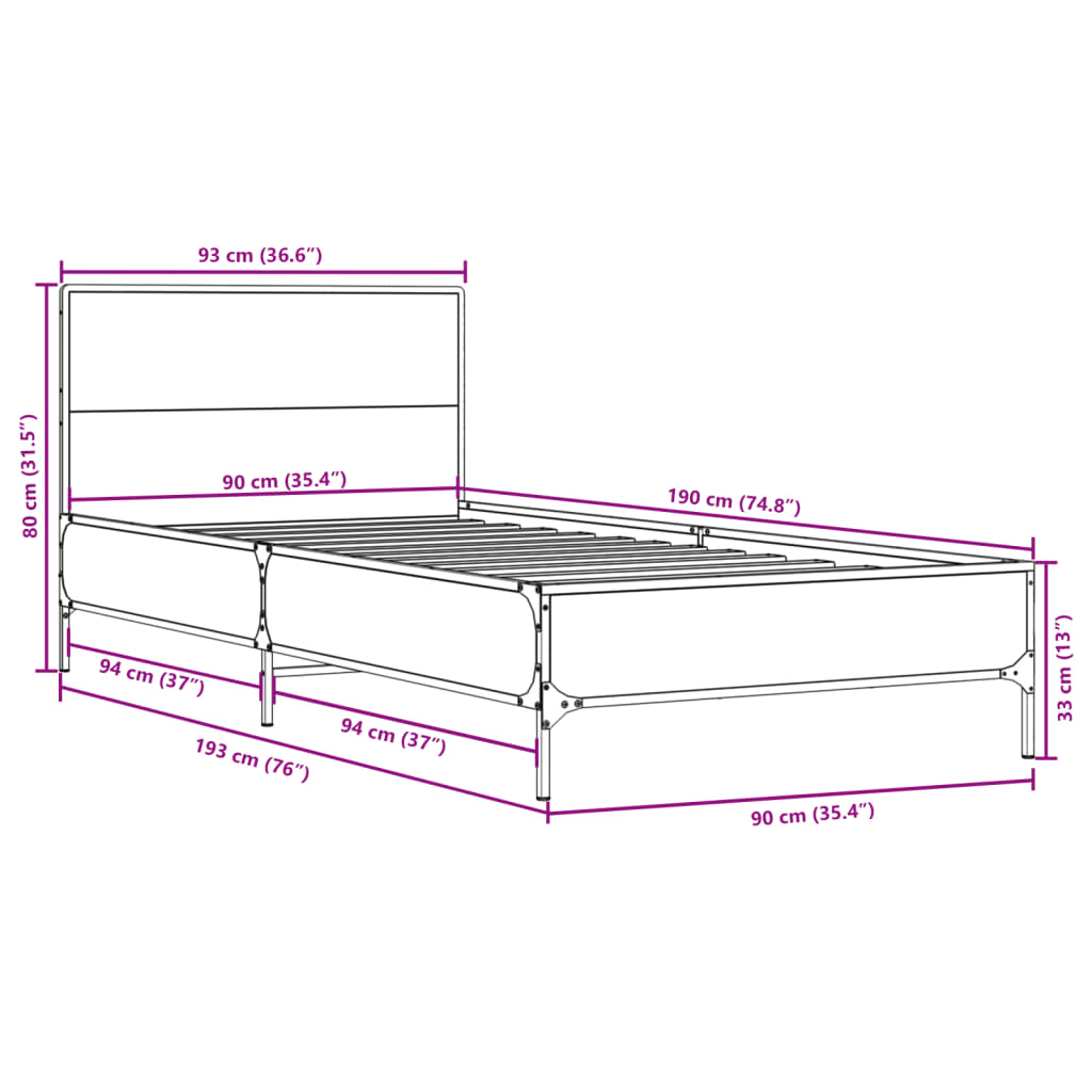 vidaXL Bed Frame without Mattress Brown Oak 90x190 cm Single