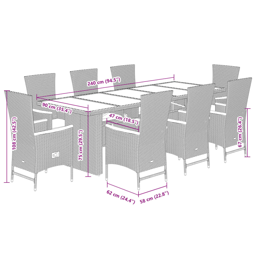 vidaXL 9 Piece Garden Dining Set with Cushions Grey Poly Rattan