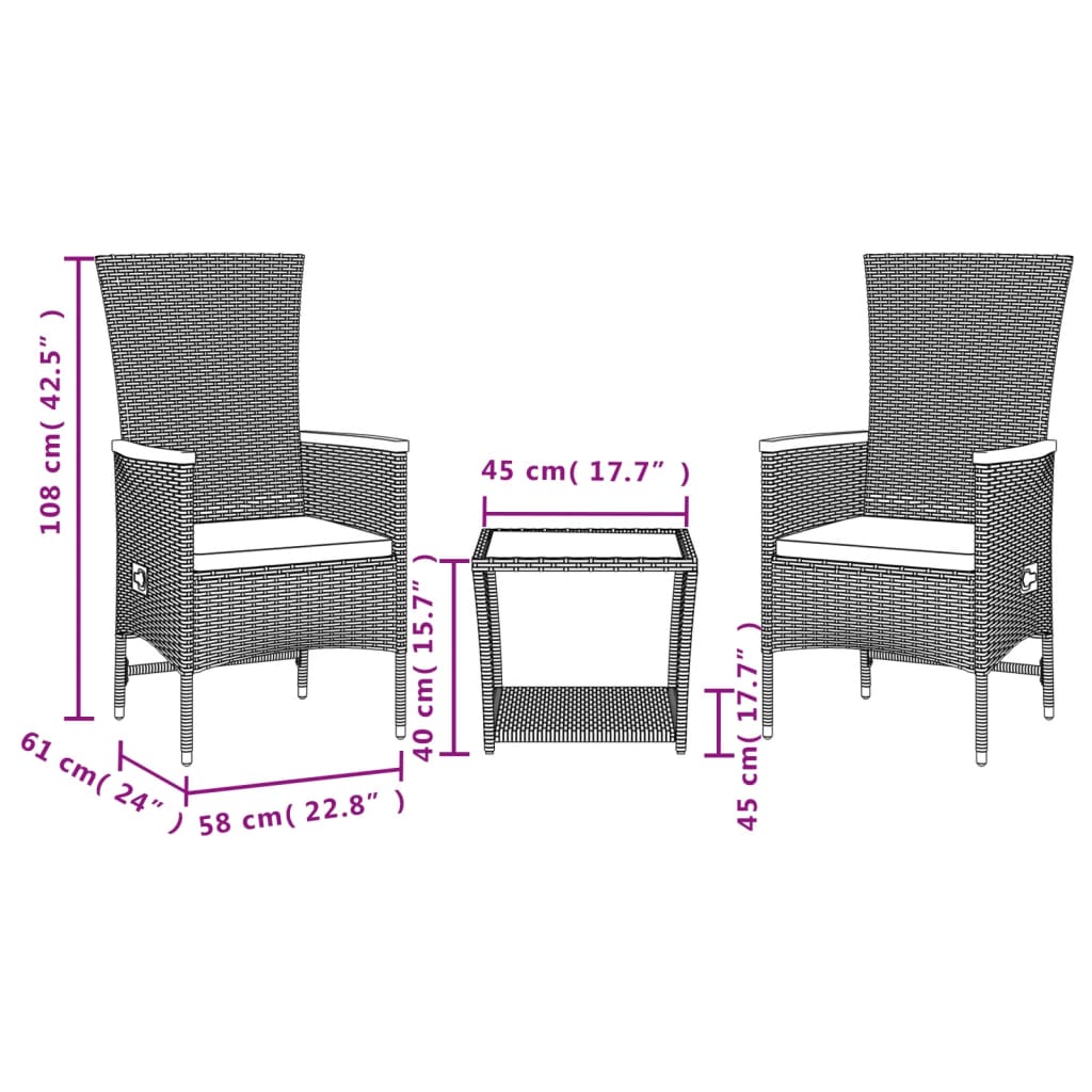 vidaXL 3 Piece Garden Dining Set with Cushions Grey Poly Rattan